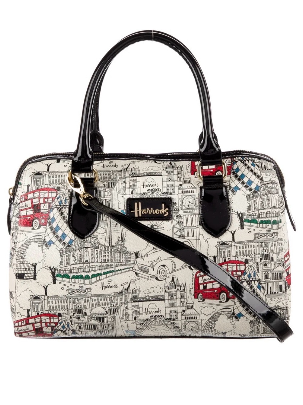 Harrods Printed London Satchel with Black Patent Trim and Red Accents